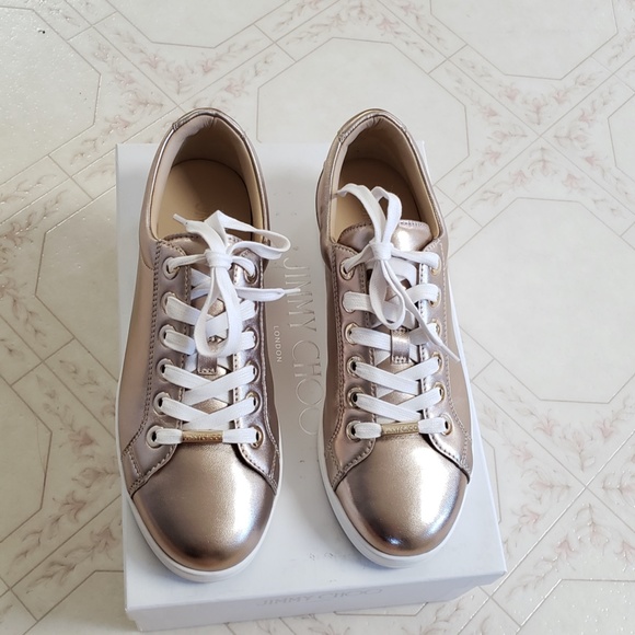 NWT Jimmy Choo Shoes Leather Sneaker Rose Gold Designer Luxury Sneaker Presents - Picture 2 of 16